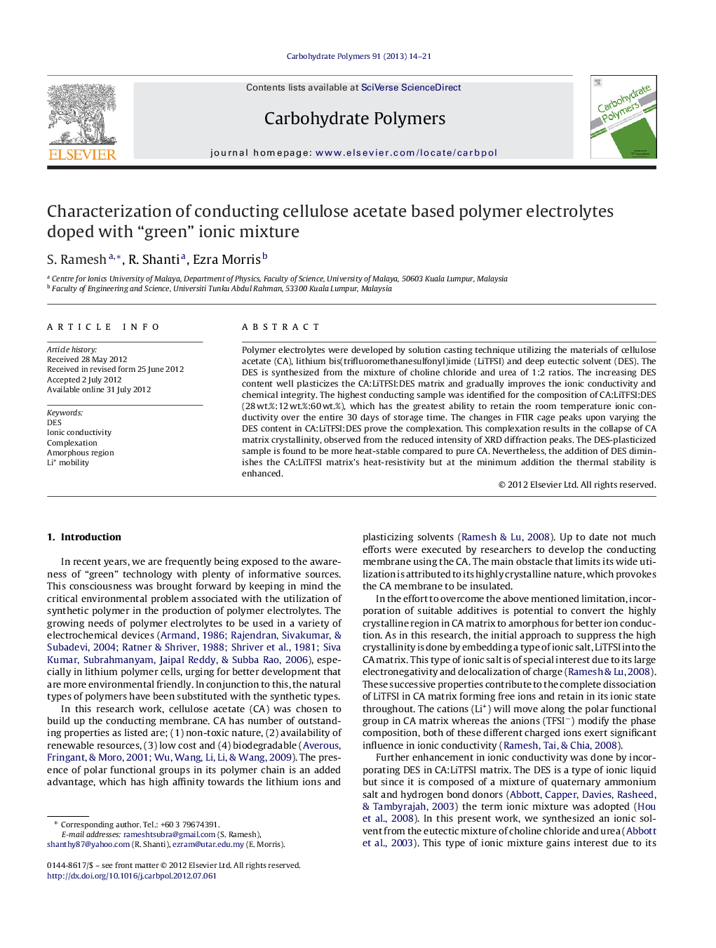 Characterization of conducting cellulose acetate based polymer electrolytes doped with “green” ionic mixture