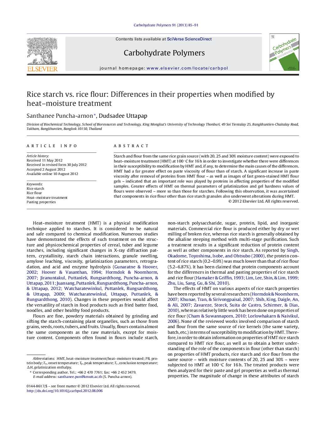 Rice starch vs. rice flour: Differences in their properties when modified by heat-moisture treatment