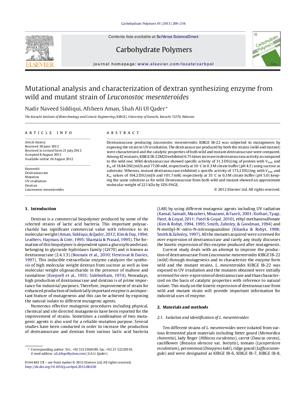 Mutational analysis and characterization of dextran synthesizing enzyme from wild and mutant strain of Leuconostoc mesenteroides