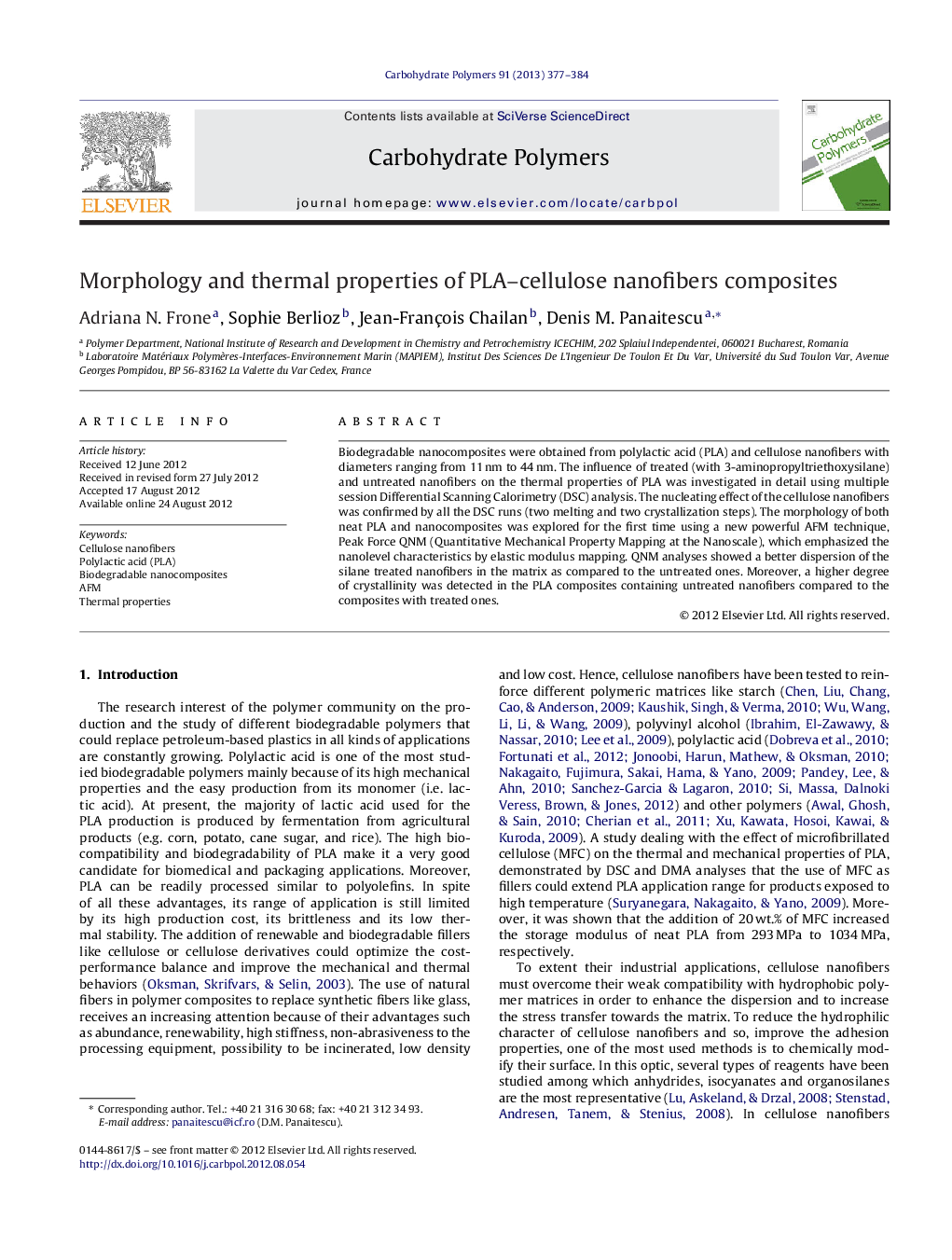 Morphology and thermal properties of PLA-cellulose nanofibers composites