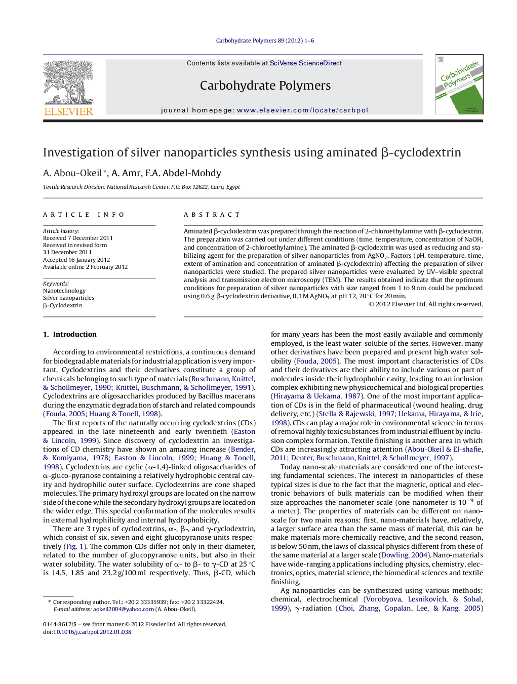 Investigation of silver nanoparticles synthesis using aminated Î²-cyclodextrin