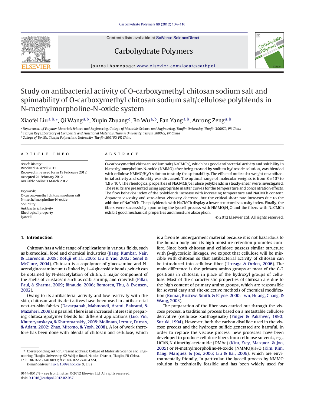 Study on antibacterial activity of O-carboxymethyl chitosan sodium salt and spinnability of O-carboxymethyl chitosan sodium salt/cellulose polyblends in N-methylmorpholine-N-oxide system