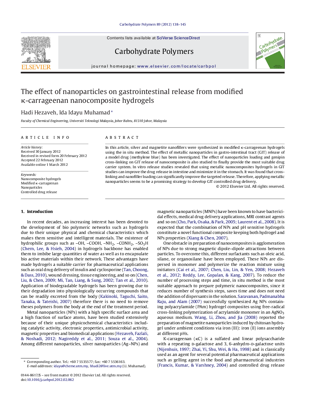 The effect of nanoparticles on gastrointestinal release from modified Îº-carrageenan nanocomposite hydrogels