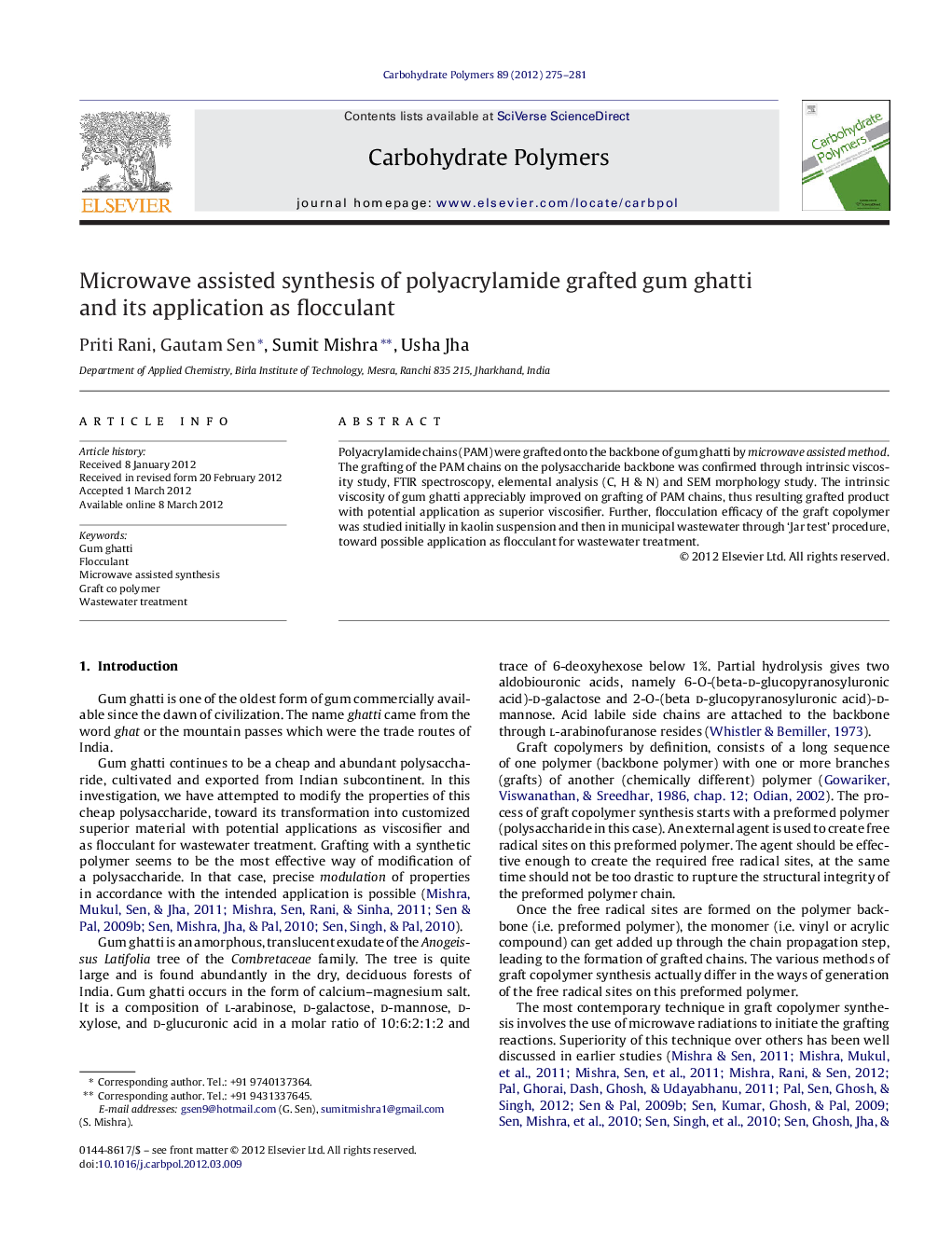 Microwave assisted synthesis of polyacrylamide grafted gum ghatti and its application as flocculant