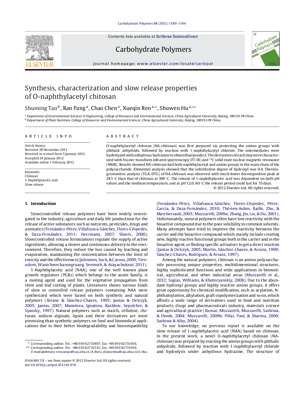 Synthesis, characterization and slow release properties of O-naphthylacetyl chitosan