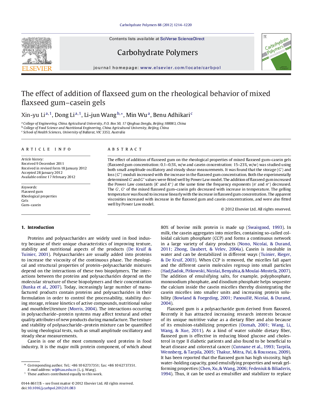 The effect of addition of flaxseed gum on the rheological behavior of mixed flaxseed gum-casein gels