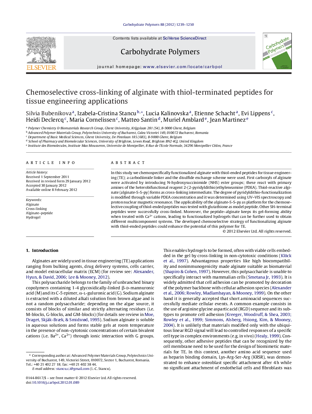 Chemoselective cross-linking of alginate with thiol-terminated peptides for tissue engineering applications