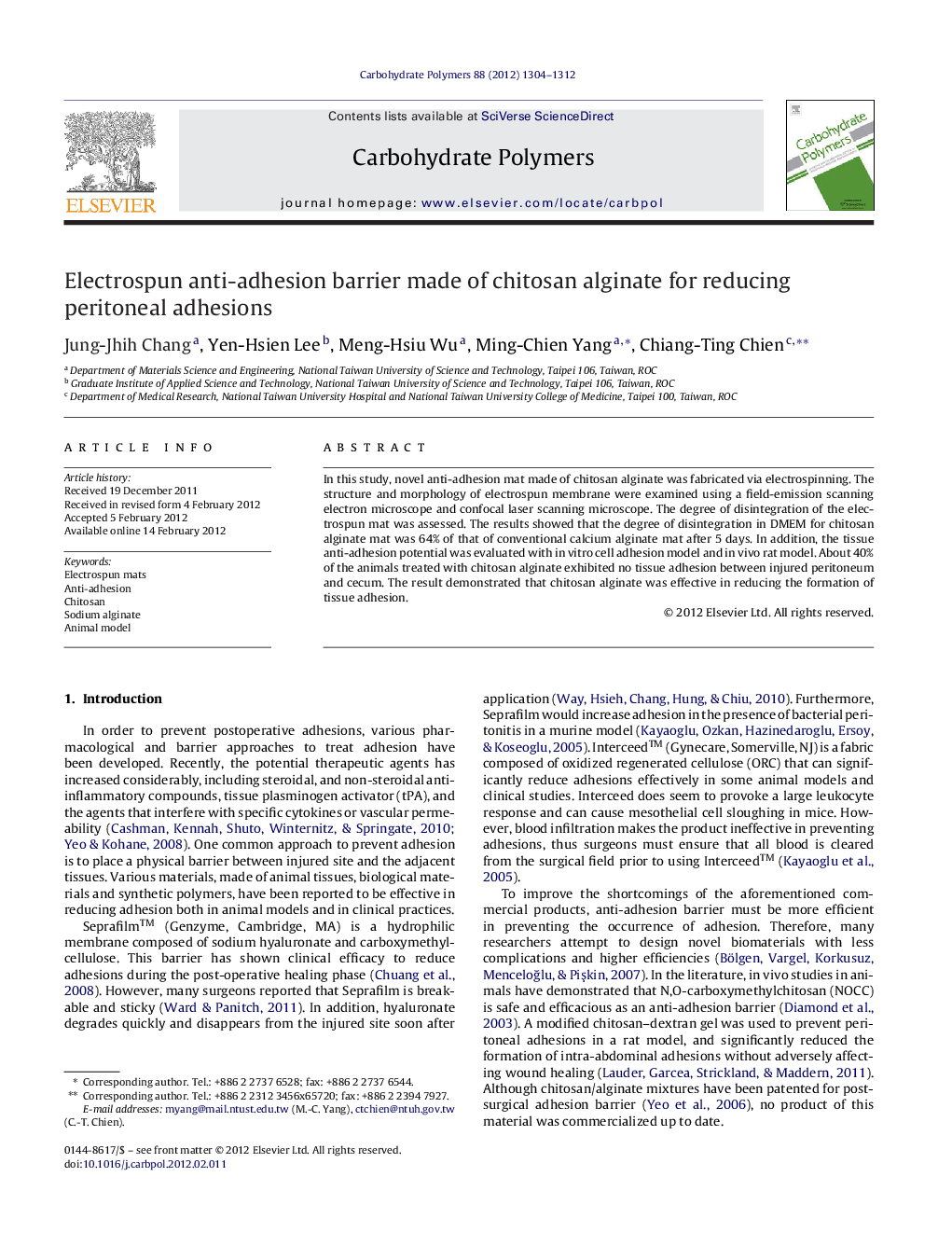 Electrospun anti-adhesion barrier made of chitosan alginate for reducing peritoneal adhesions