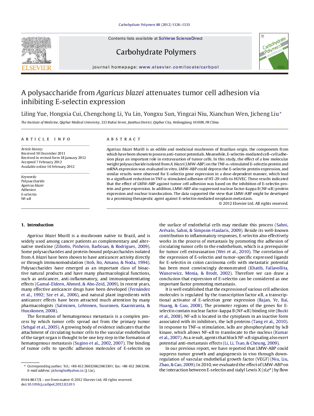 A polysaccharide from Agaricus blazei attenuates tumor cell adhesion via inhibiting E-selectin expression