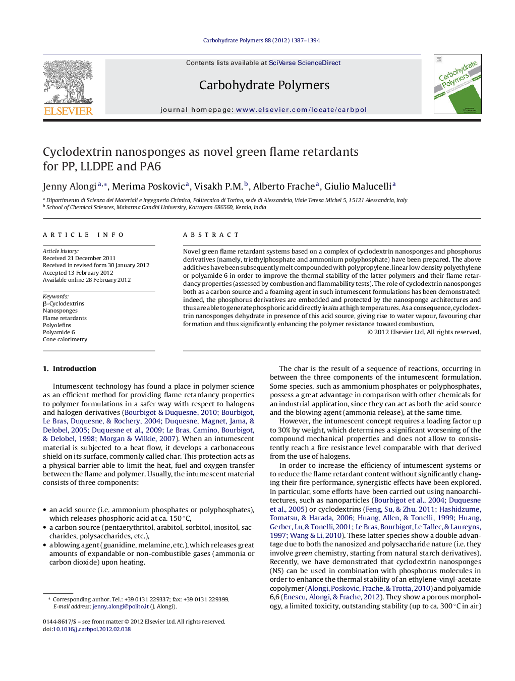 Cyclodextrin nanosponges as novel green flame retardants for PP, LLDPE and PA6