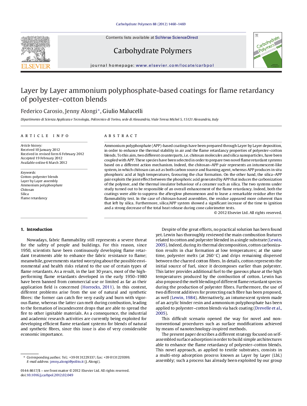 Layer by Layer ammonium polyphosphate-based coatings for flame retardancy of polyester-cotton blends