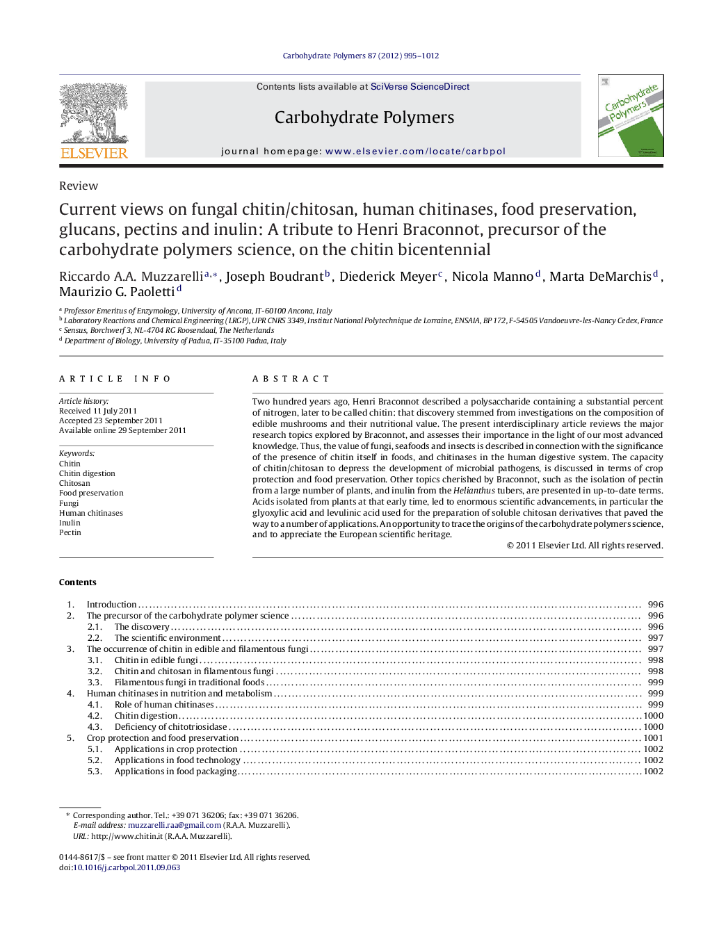 Current views on fungal chitin/chitosan, human chitinases, food preservation, glucans, pectins and inulin: A tribute to Henri Braconnot, precursor of the carbohydrate polymers science, on the chitin bicentennial