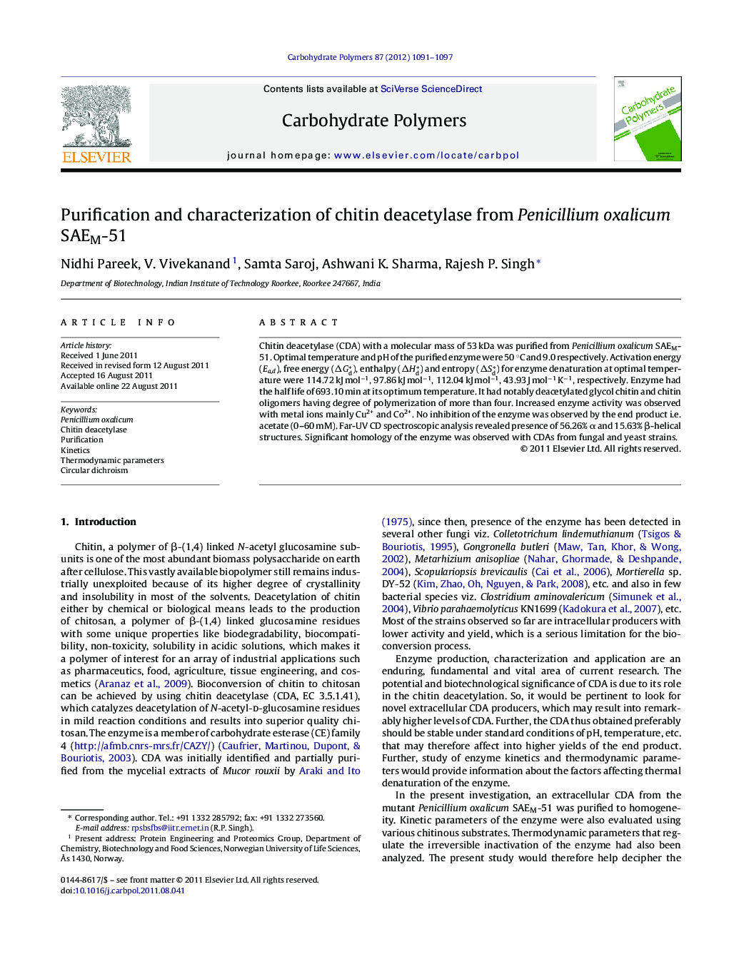 Purification and characterization of chitin deacetylase from Penicillium oxalicum SAEM-51