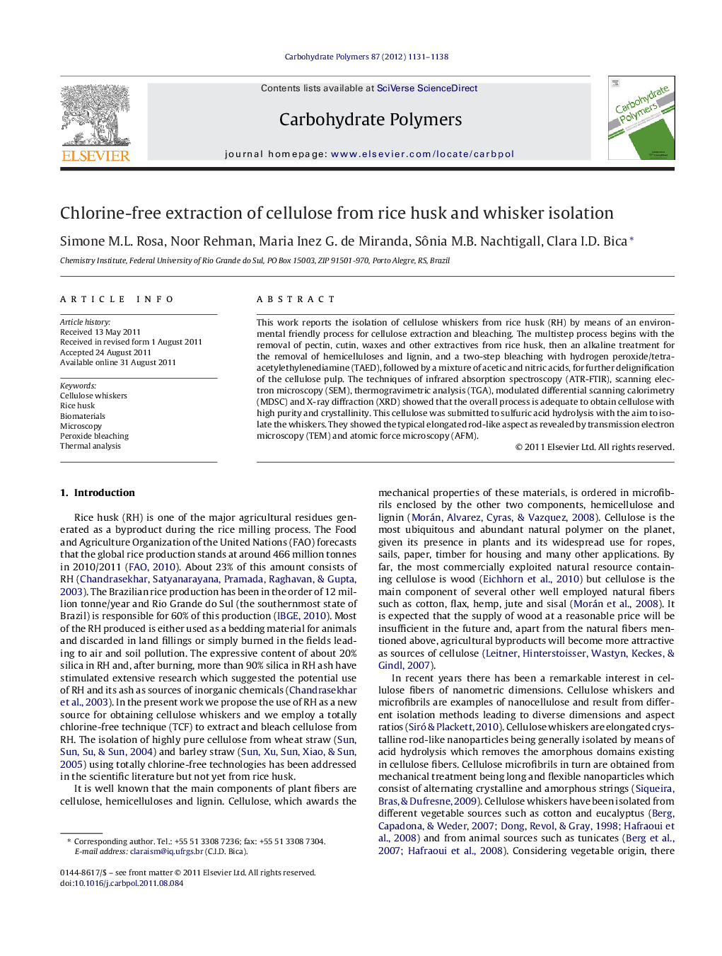 Chlorine-free extraction of cellulose from rice husk and whisker isolation