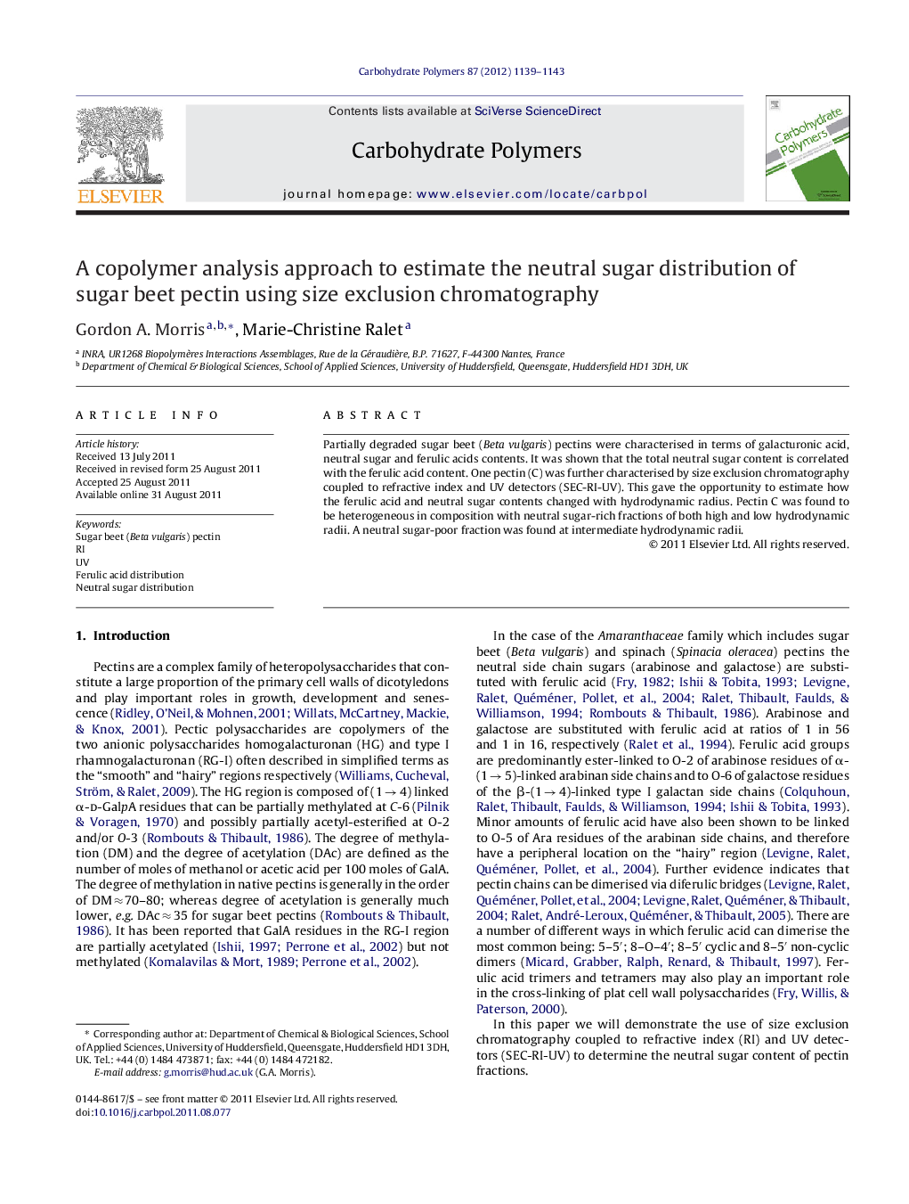 A copolymer analysis approach to estimate the neutral sugar distribution of sugar beet pectin using size exclusion chromatography