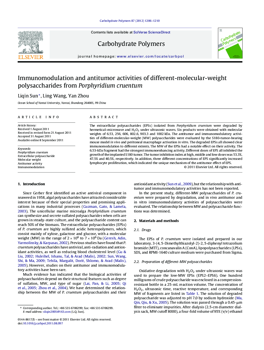 Immunomodulation and antitumor activities of different-molecular-weight polysaccharides from Porphyridium cruentum