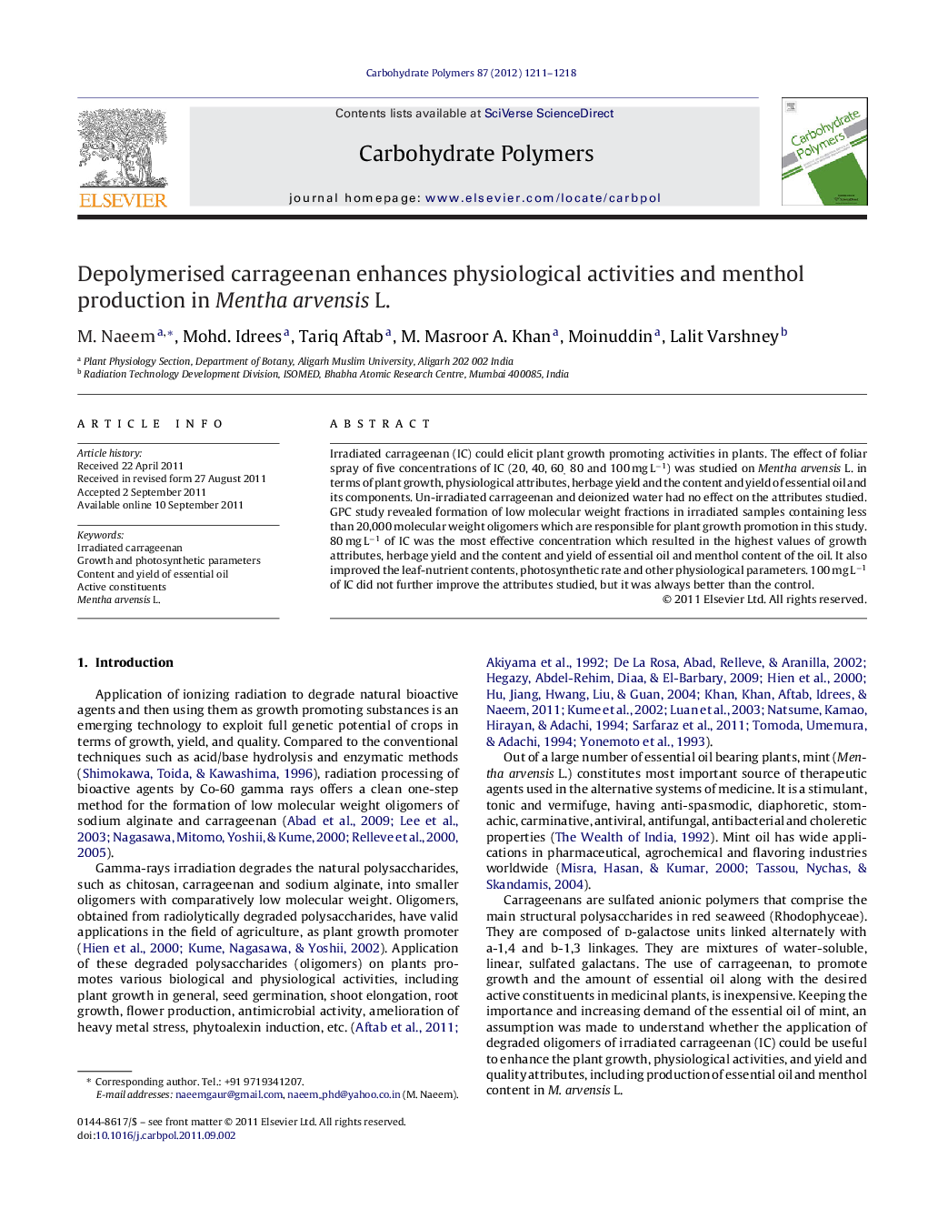 Depolymerised carrageenan enhances physiological activities and menthol production in Mentha arvensis L.