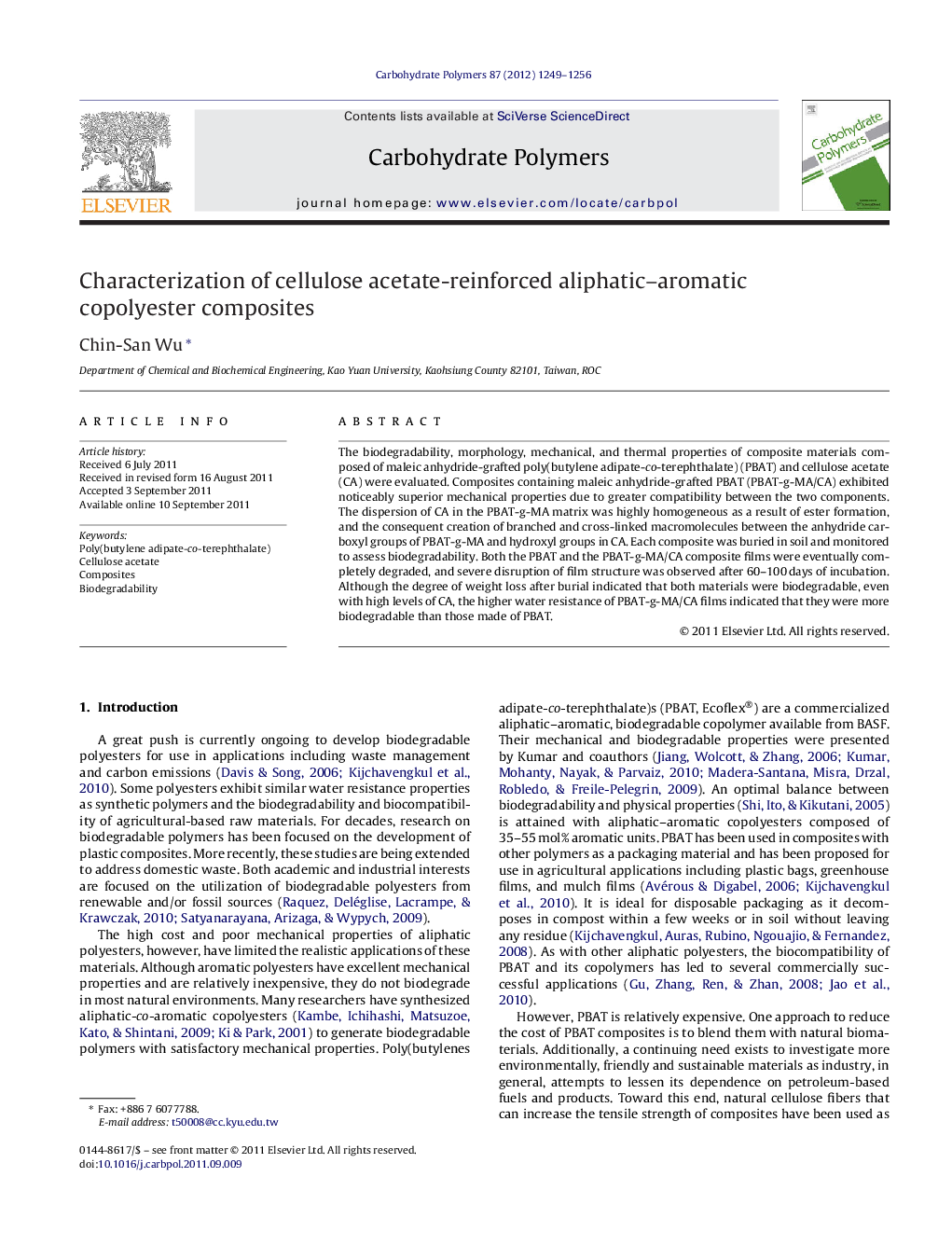 Characterization of cellulose acetate-reinforced aliphatic-aromatic copolyester composites