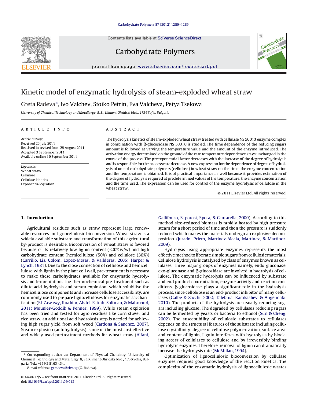 Kinetic model of enzymatic hydrolysis of steam-exploded wheat straw