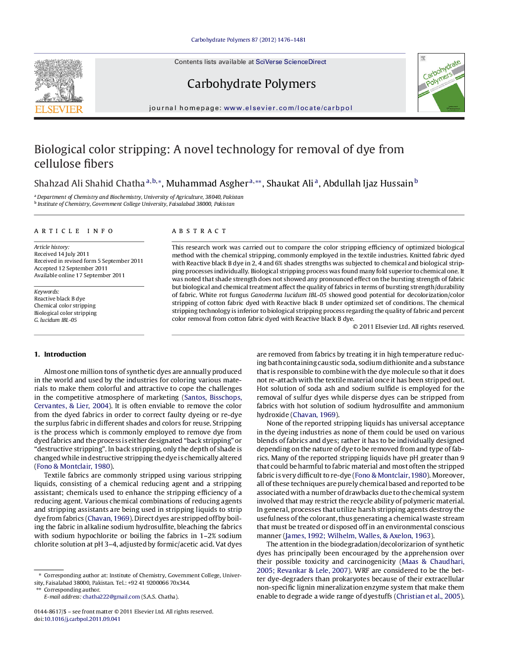 عکس صفحه اول مقاله: Biological color stripping: A novel technology for removal of dye from cellulose fibers Biological color stripping: A novel technology for removal of dye from cellulose fibers
