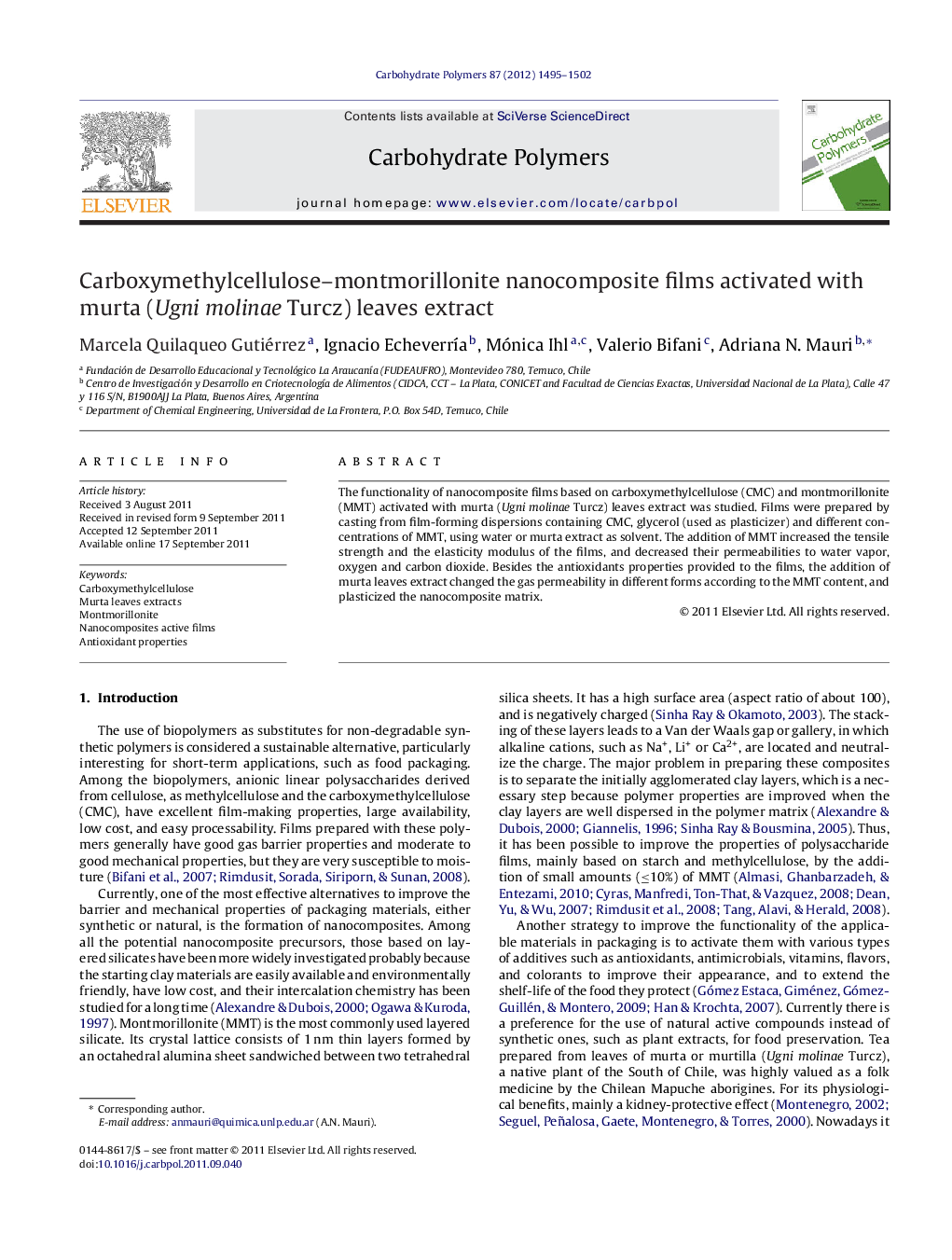 Carboxymethylcellulose-montmorillonite nanocomposite films activated with murta (Ugni molinae Turcz) leaves extract