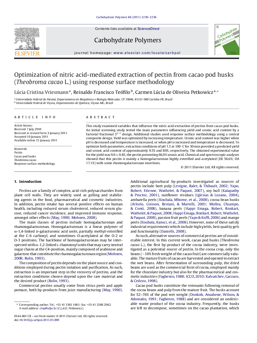 Optimization of nitric acid-mediated extraction of pectin from cacao pod husks (Theobroma cacao L.) using response surface methodology