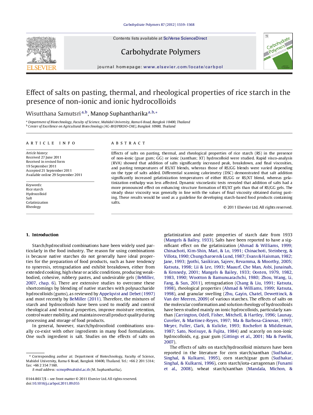 Effect of salts on pasting, thermal, and rheological properties of rice starch in the presence of non-ionic and ionic hydrocolloids