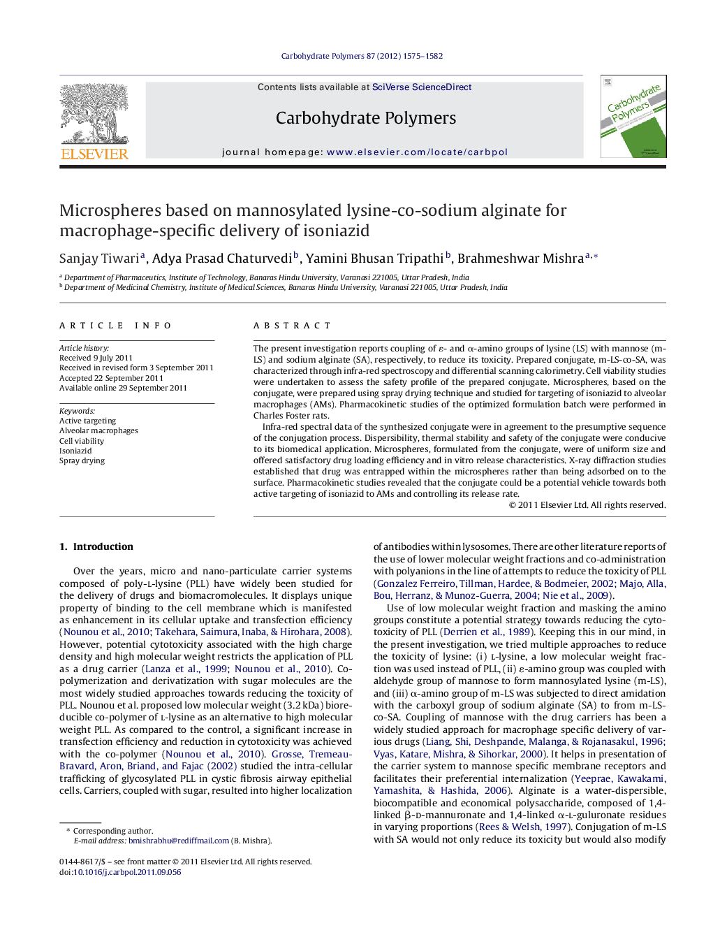 Microspheres based on mannosylated lysine-co-sodium alginate for macrophage-specific delivery of isoniazid