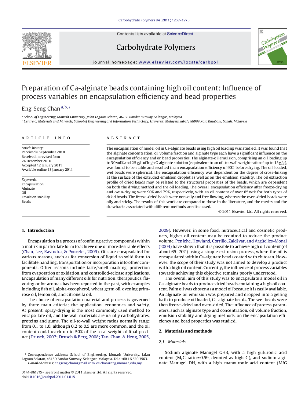 Preparation of Ca-alginate beads containing high oil content: Influence of process variables on encapsulation efficiency and bead properties