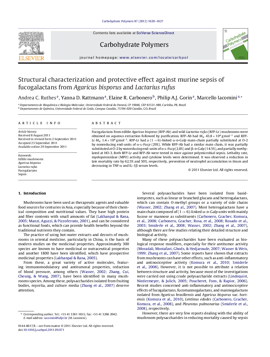 Structural characterization and protective effect against murine sepsis of fucogalactans from Agaricus bisporus and Lactarius rufus