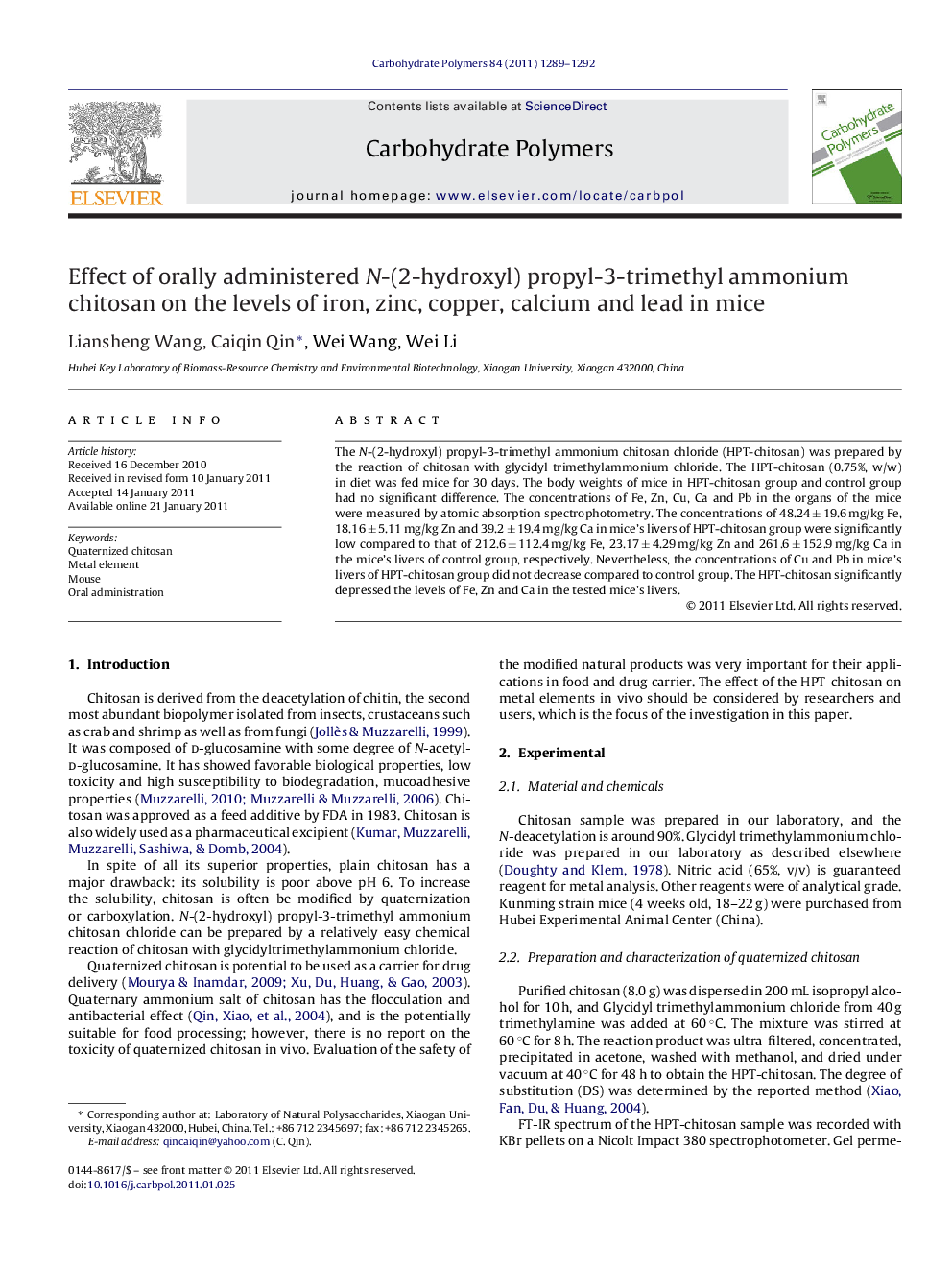 Effect of orally administered N-(2-hydroxyl) propyl-3-trimethyl ammonium chitosan on the levels of iron, zinc, copper, calcium and lead in mice