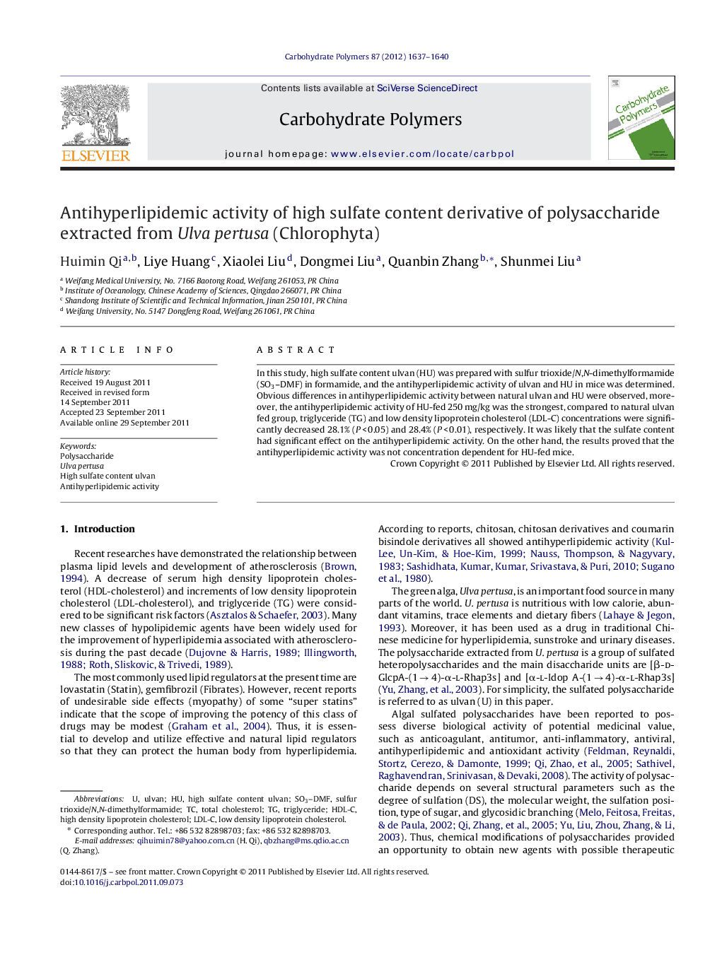 Antihyperlipidemic activity of high sulfate content derivative of polysaccharide extracted from Ulva pertusa (Chlorophyta)