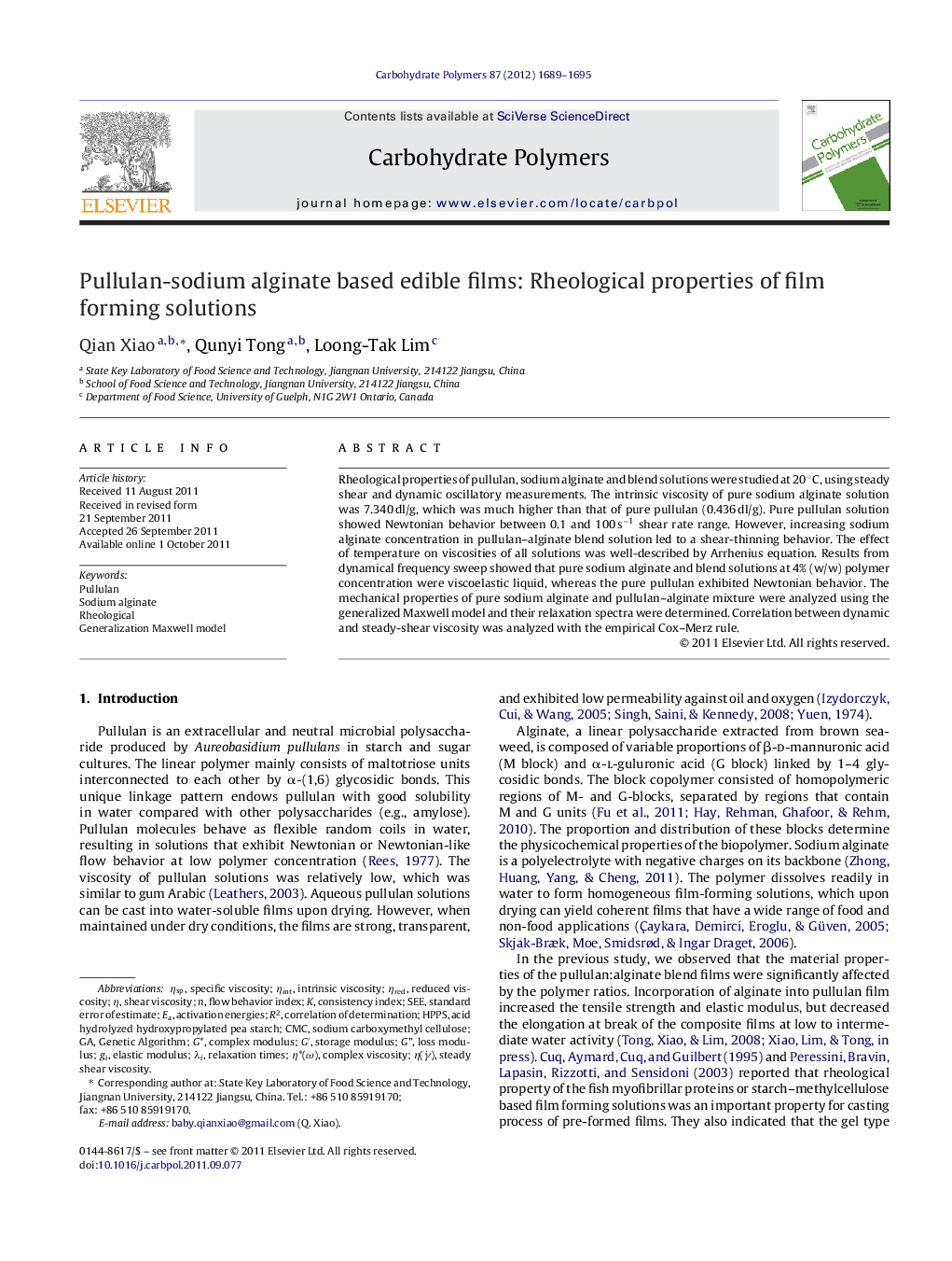 Pullulan-sodium alginate based edible films: Rheological properties of film forming solutions