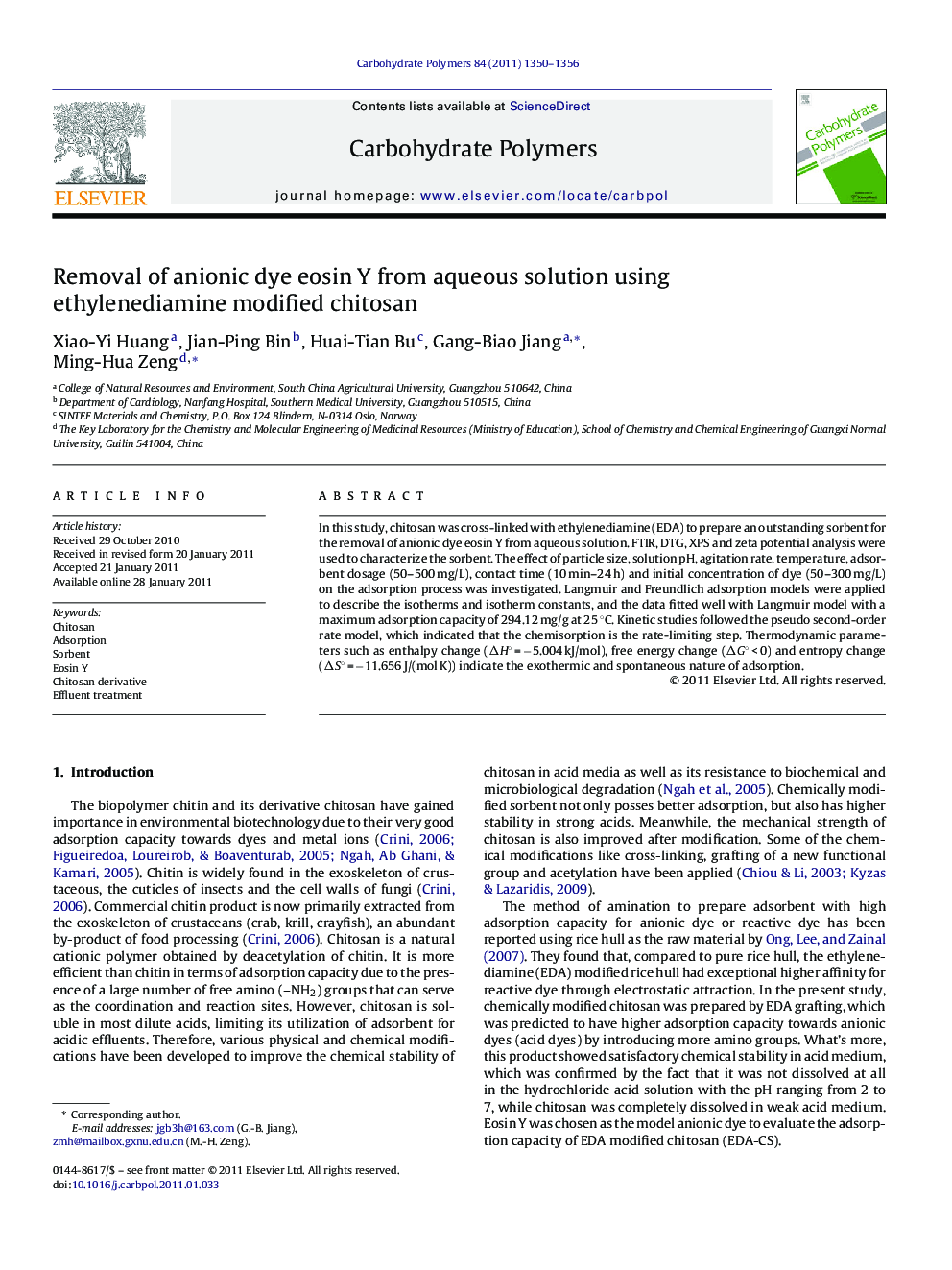 Removal of anionic dye eosin Y from aqueous solution using ethylenediamine modified chitosan