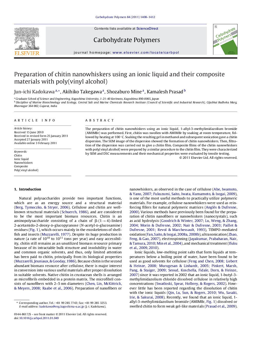 Preparation of chitin nanowhiskers using an ionic liquid and their composite materials with poly(vinyl alcohol)