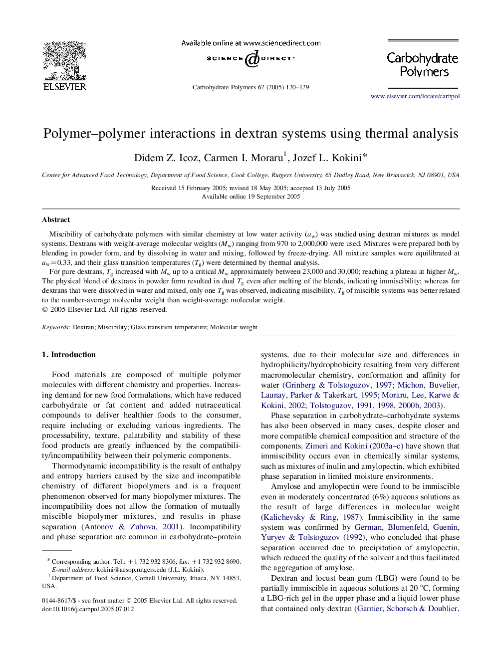 Polymer-polymer interactions in dextran systems using thermal analysis