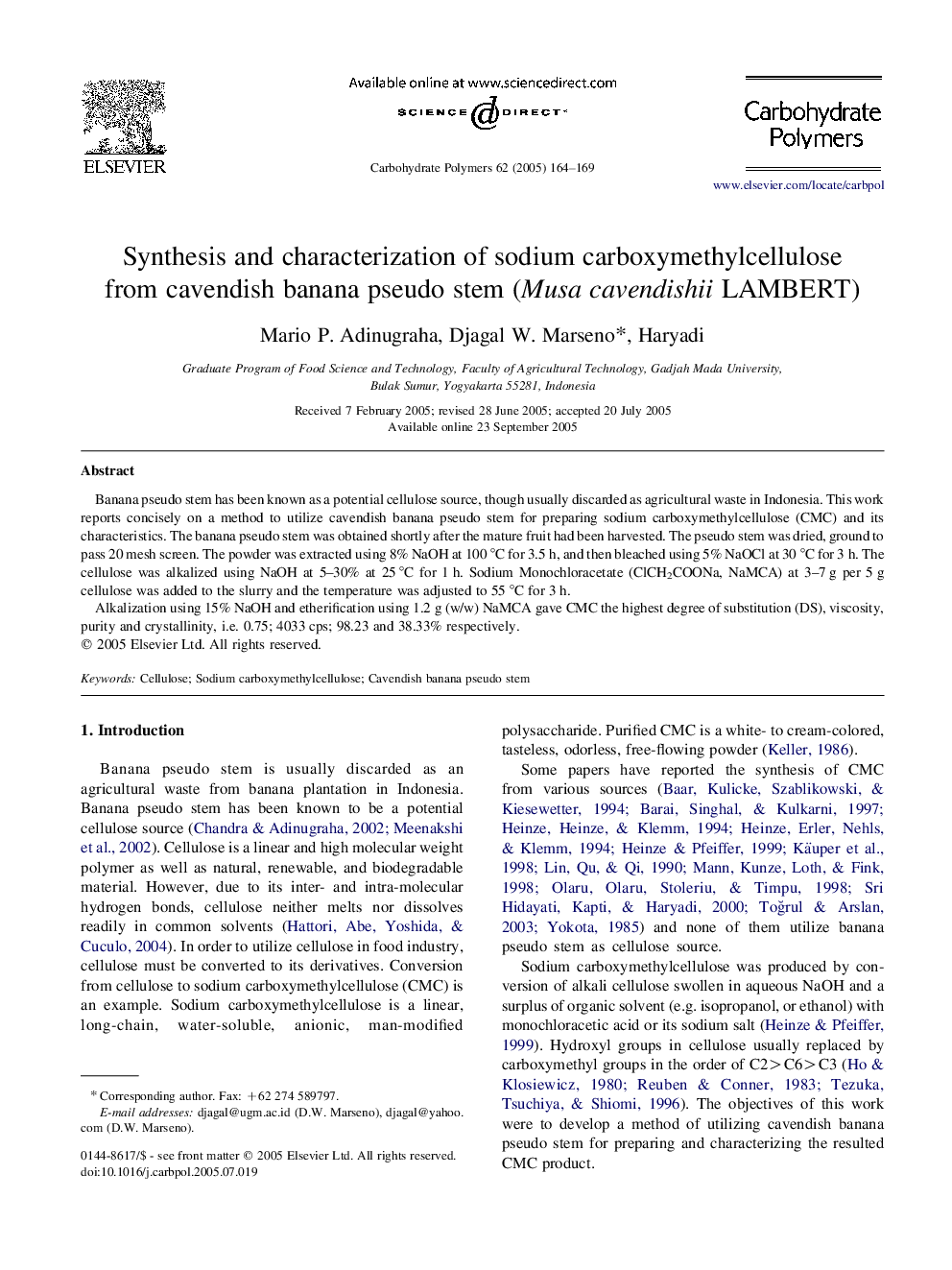 Synthesis and characterization of sodium carboxymethylcellulose from cavendish banana pseudo stem (Musa cavendishii LAMBERT)