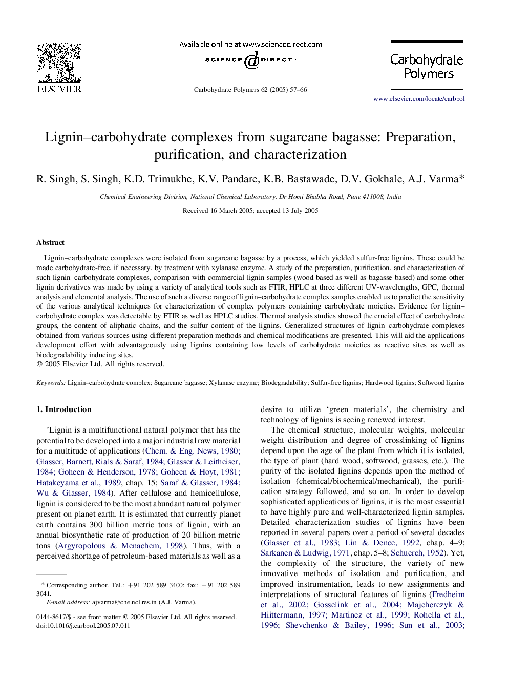 Lignin-carbohydrate complexes from sugarcane bagasse: Preparation, purification, and characterization