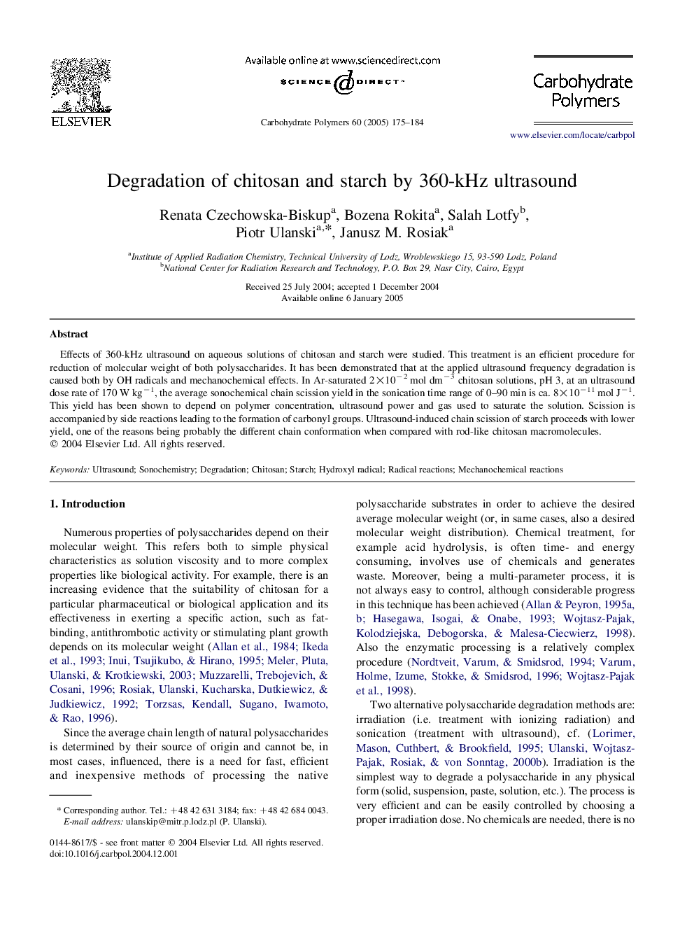 Degradation of chitosan and starch by 360-kHz ultrasound