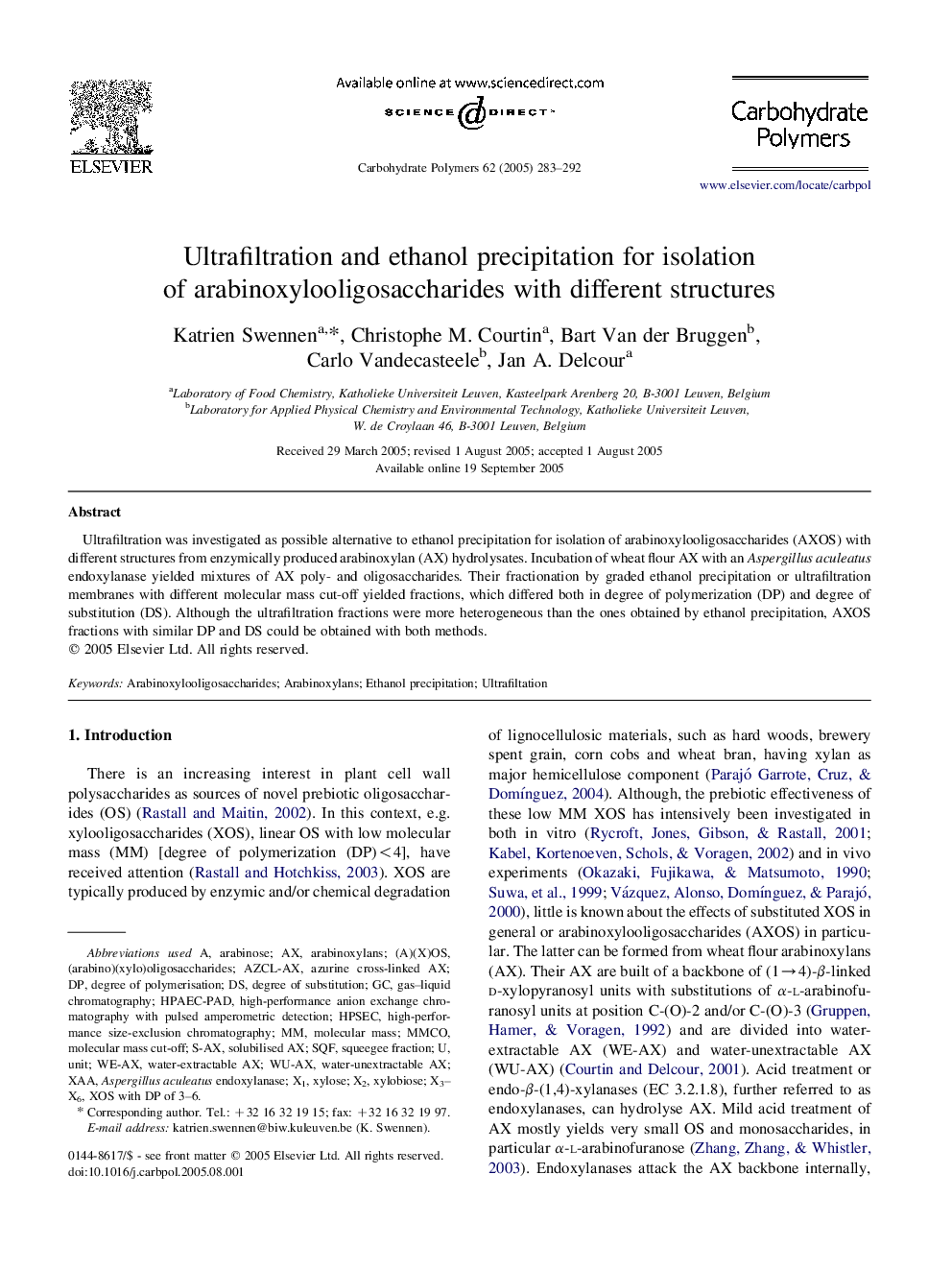 Ultrafiltration and ethanol precipitation for isolation of arabinoxylooligosaccharides with different structures