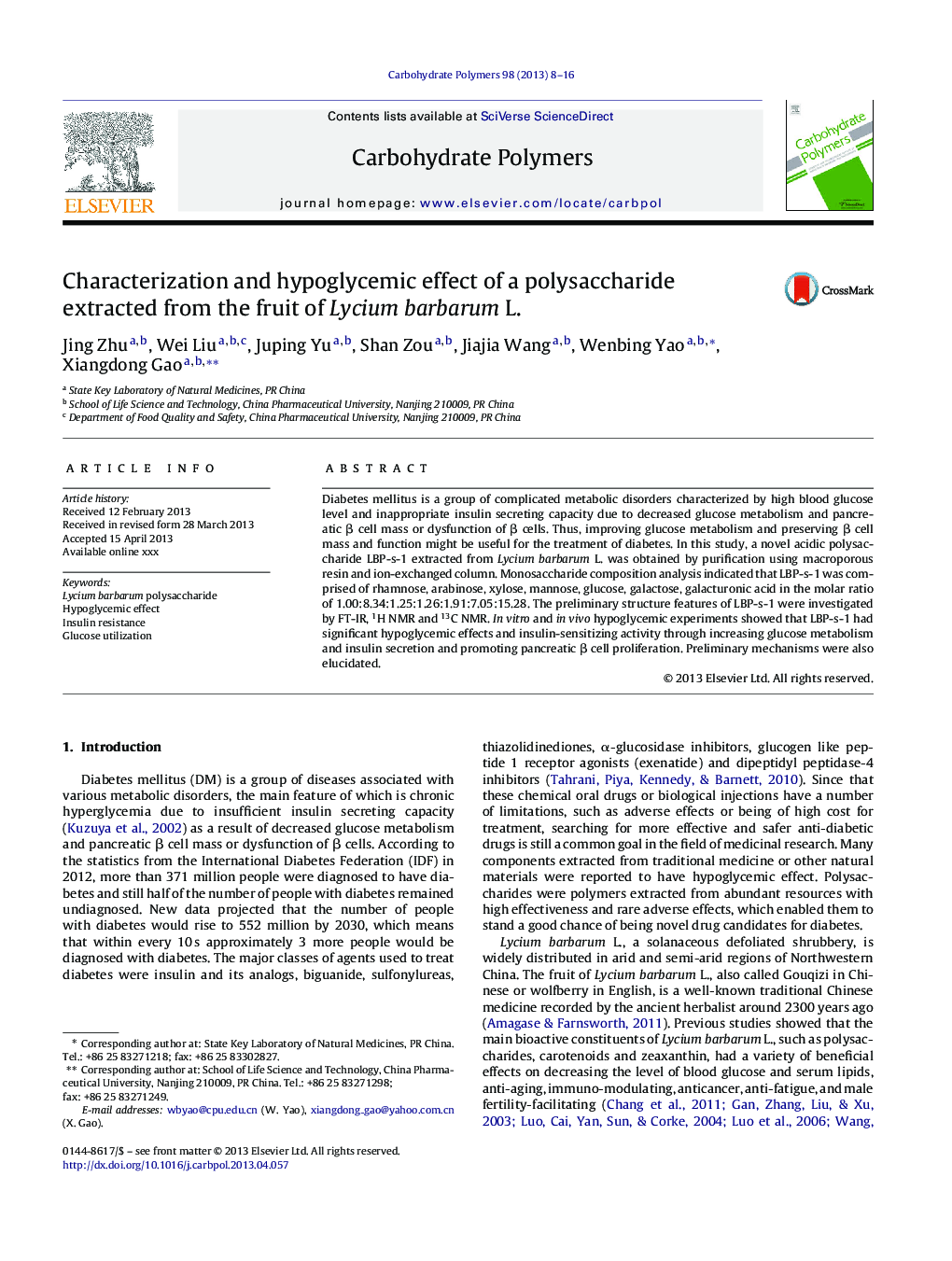 Characterization and hypoglycemic effect of a polysaccharide extracted from the fruit of Lycium barbarum L.