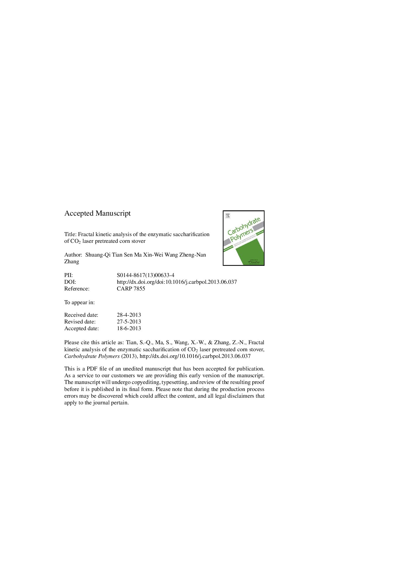 Fractal kinetic analysis of the enzymatic saccharification of CO2 laser pretreated corn stover