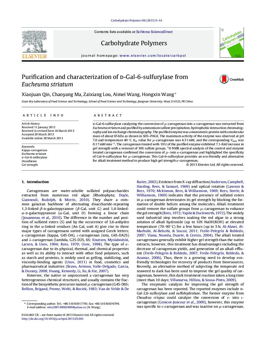 Purification and characterization of d-Gal-6-sulfurylase from Eucheuma striatum