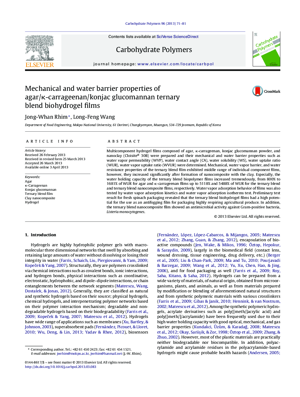 Mechanical and water barrier properties of agar/Îº-carrageenan/konjac glucomannan ternary blend biohydrogel films