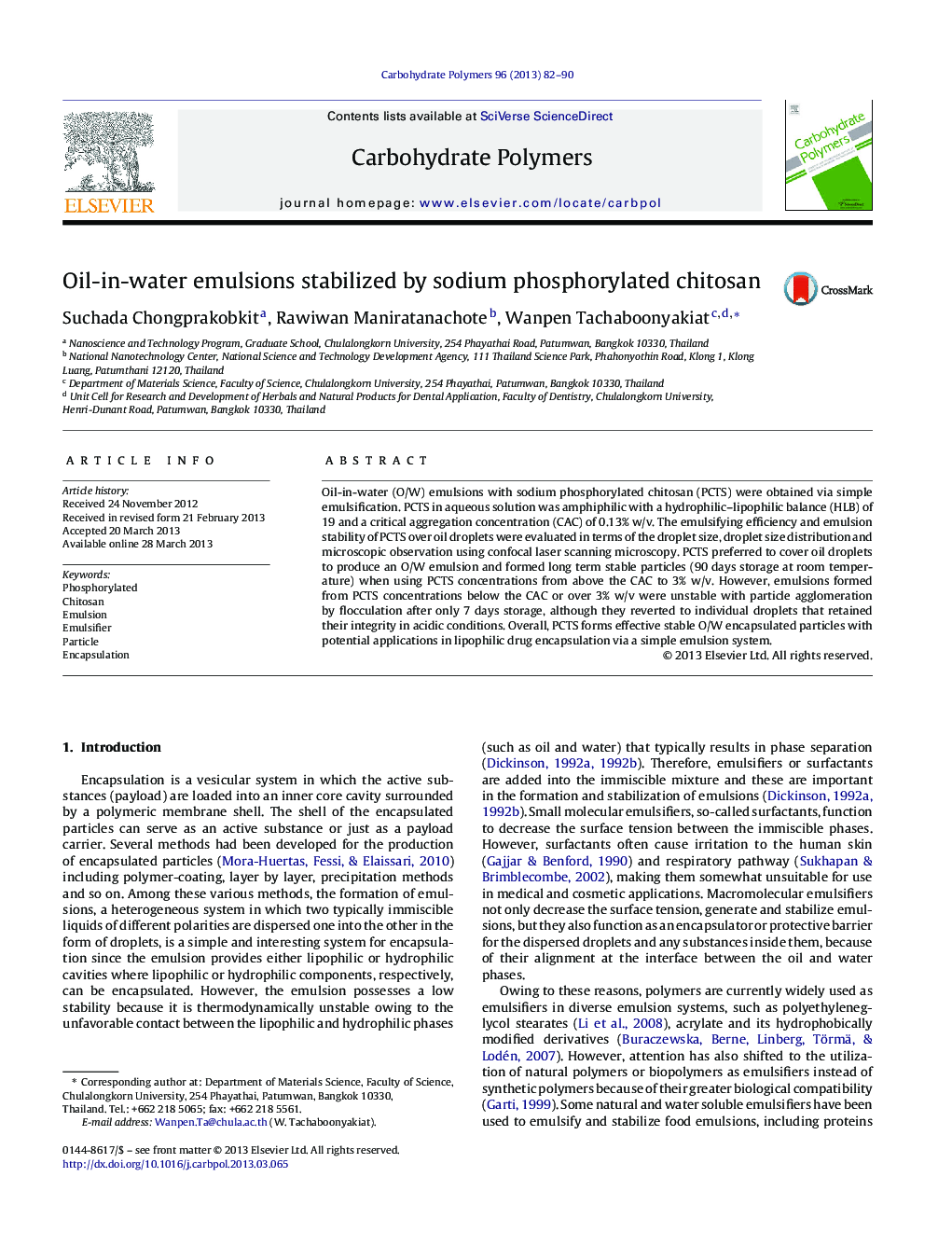 Oil-in-water emulsions stabilized by sodium phosphorylated chitosan