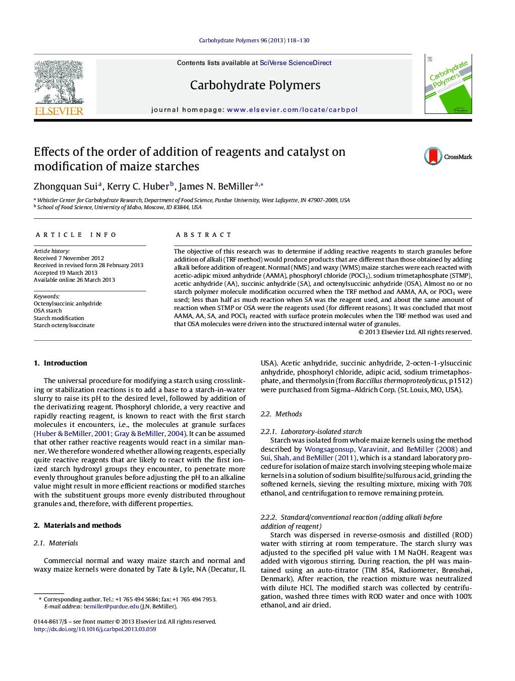 Effects of the order of addition of reagents and catalyst on modification of maize starches