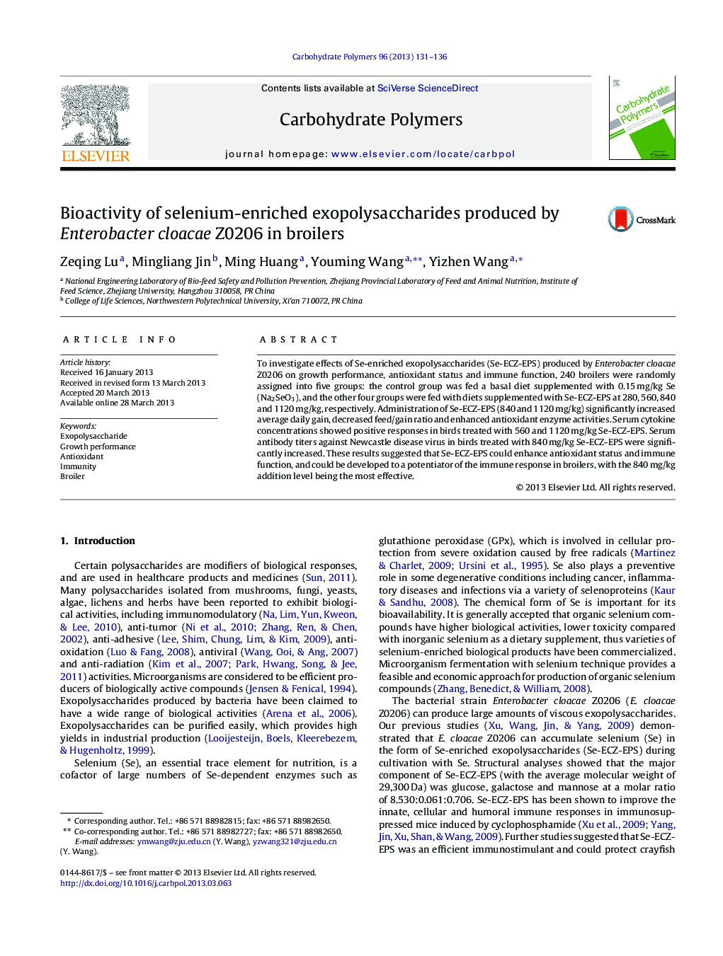 Bioactivity of selenium-enriched exopolysaccharides produced by Enterobacter cloacae Z0206 in broilers