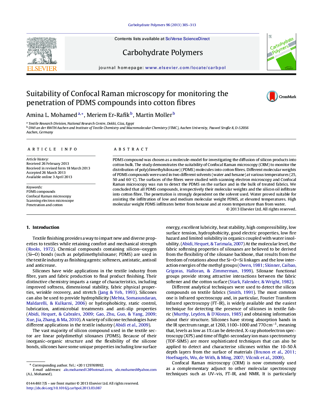 Suitability of Confocal Raman microscopy for monitoring the penetration of PDMS compounds into cotton fibres