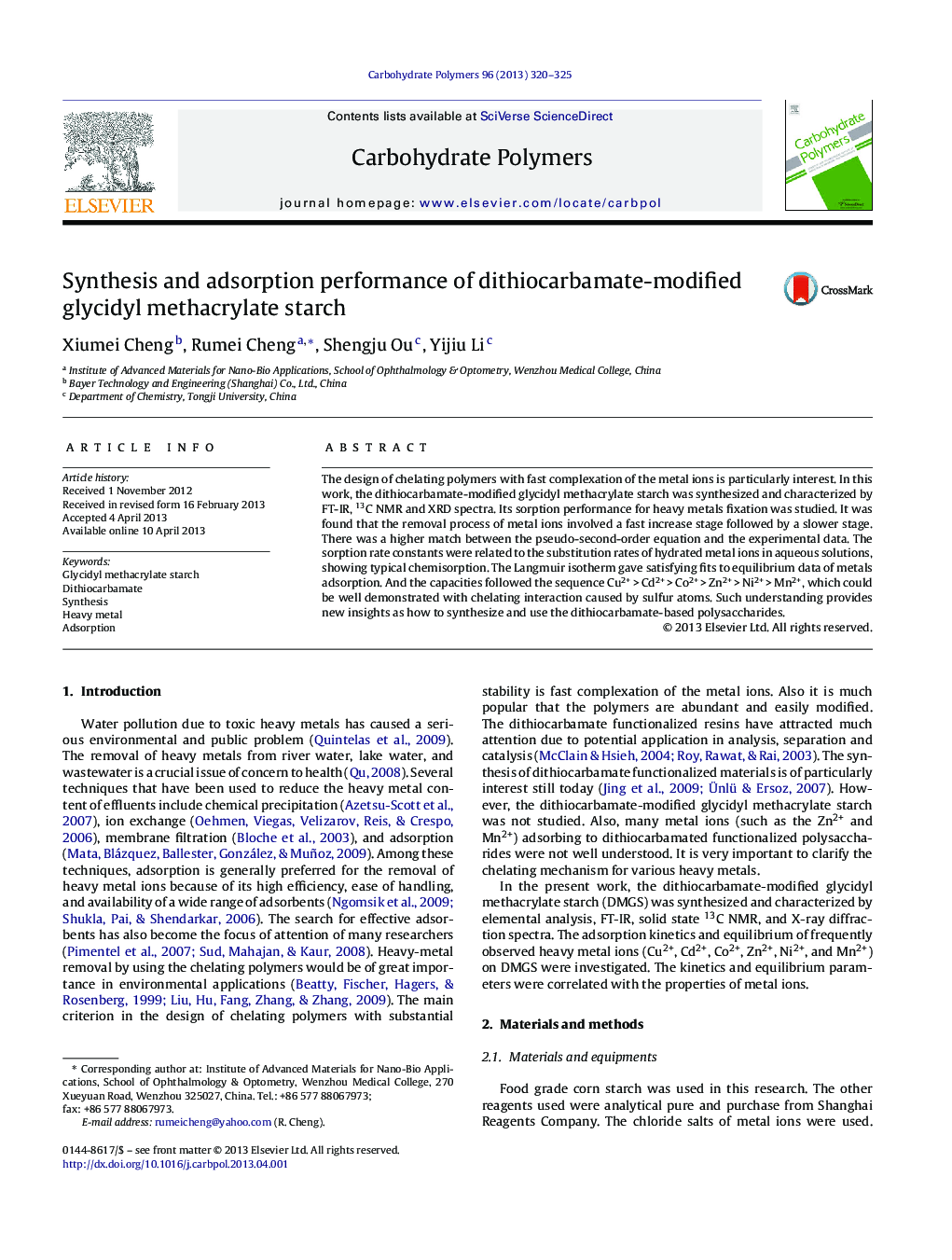 Synthesis and adsorption performance of dithiocarbamate-modified glycidyl methacrylate starch