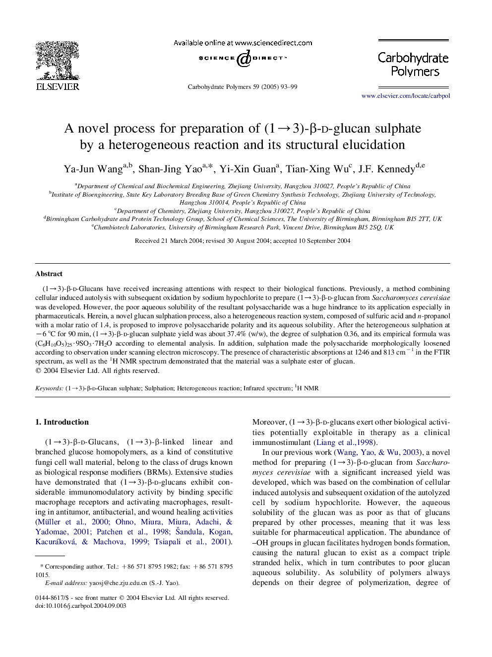 A novel process for preparation of (1â3)-Î²-d-glucan sulphate by a heterogeneous reaction and its structural elucidation